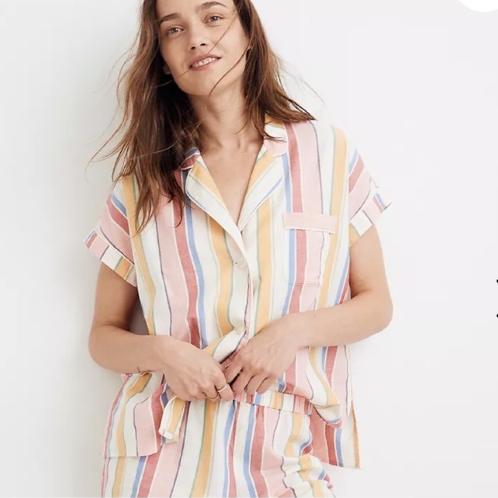 Madewell Bedtime Pajama Top in the Rainbow Stripe pattern 100% cotton size M